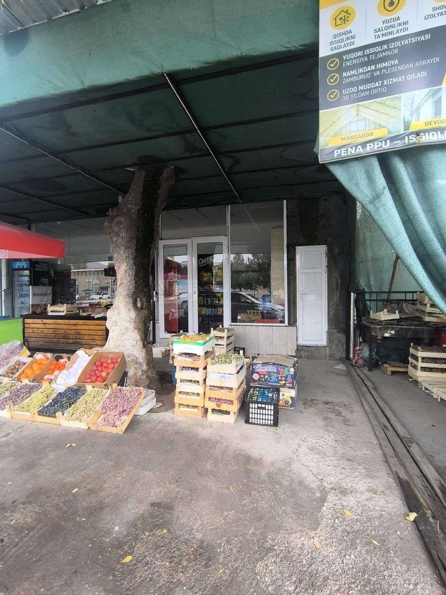 Hozirgi holat: meva doʻkoni, daraxt va yashil tent